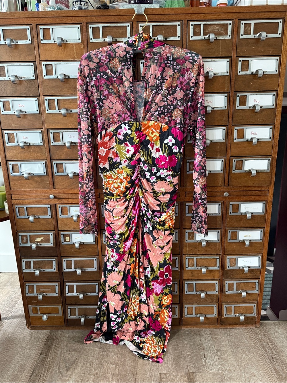 By Anthropologie Long Sleeve Halter Neck Mesh Midi Floral Dress Size Large - Picture 6 of 10